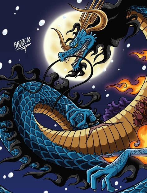 Blue Dragon on Fire Filled Moon