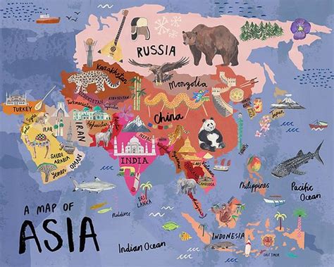 an illustrated map of asia with animals and other things on it's sides, including the countries