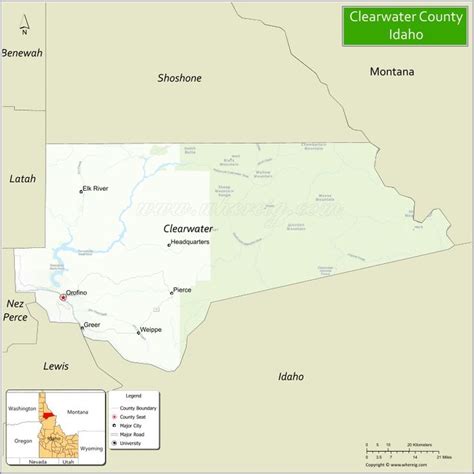 Map of Clearwater County, Idaho showing cities, highways & important places. Check Where is ...