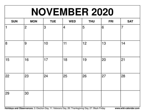 Free printable november 2020 calendar templates. These free november calendars are.pdf files ...