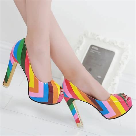 Women Leather rainbow colorful High Heel Shoes multi color pumps rivets ...