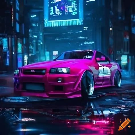 Two nissan r34 gtr parked on a cyberpunk street on Craiyon