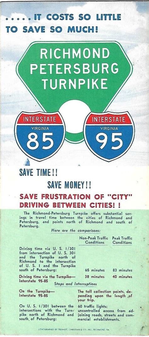 1963 Toll Road Map Brochure RICHMOND-PETERSBURG TURNPIKE Virginia I-95 ...