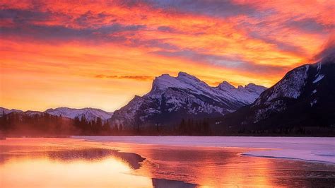 Vermillion Lakes, Banff NP, snow, landscape, colors, water, reflections ...