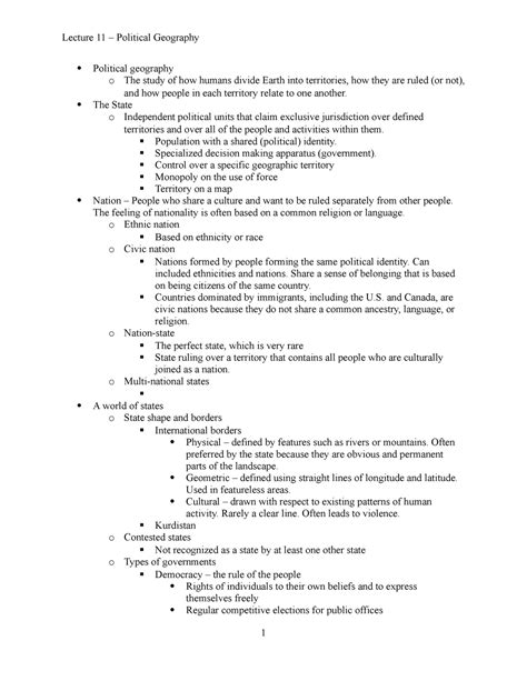 Lecture 11 Political Geography outline - Political geography o The study of how humans divide ...