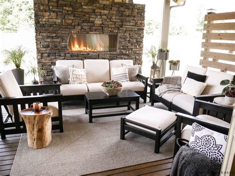 New Black and White Outdoor Patio Furniture With Stone Fireplace