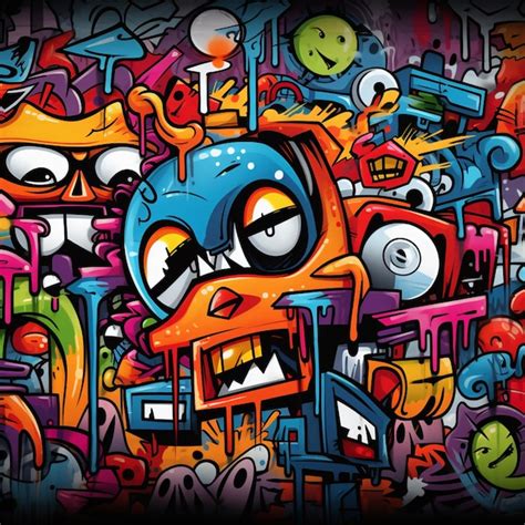 Premium AI Image | graffiti art of a colorful bird surrounded by many different objects ...