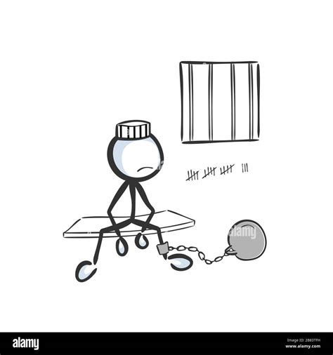 Man in a prison cell. Arrested criminal convict. Sitting in jail. Hand drawn. Stickman cartoon ...