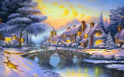 Winter Landscape Art Houses River Bridge Snow : Wallpapers13.com