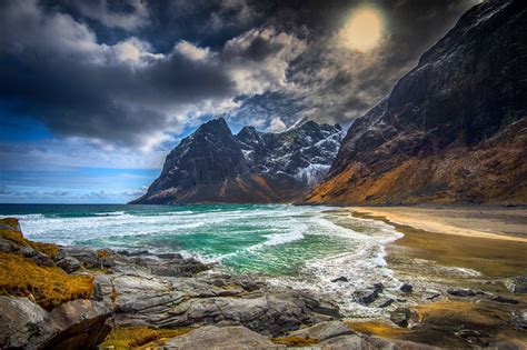 beach, Mountain, Sea, Island, Lofoten, Norway, Clouds, Waves, Snowy Peak, Nature, Landscape ...