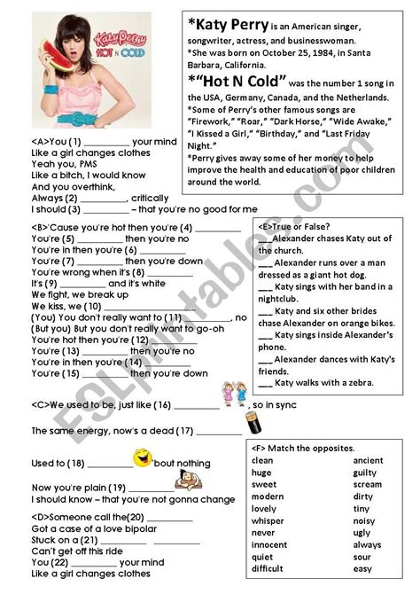 "Hot N Cold" by Katy Perry - ESL worksheet by johnnyd83