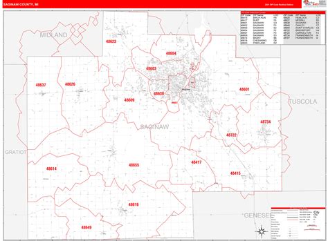 Saginaw County, MI Zip Code Wall Map Red Line Style by MarketMAPS - MapSales