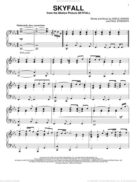 Adele - Skyfall, (intermediate) sheet music for piano solo [PDF]