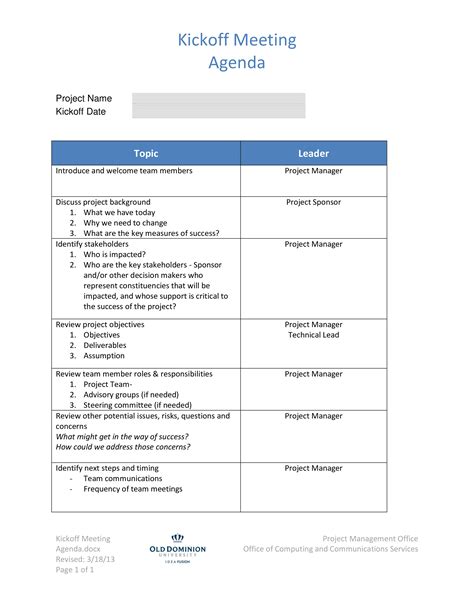 Kick Off Meeting Agenda | Templates at allbusinesstemplates.com