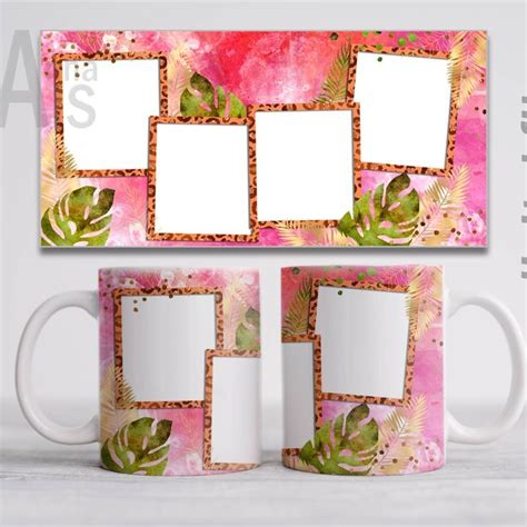 Pink mug template for 4 photo. Coffee mug design with leaves. Png file for sublimation. For 15 ...