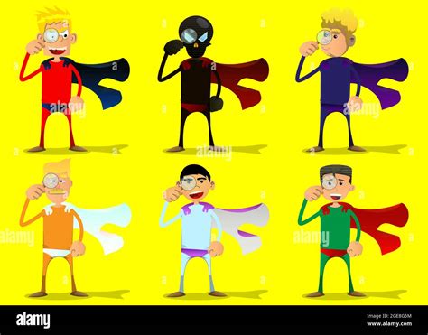 Funny cartoon man dressed as a superhero holding a magnifying glass ...