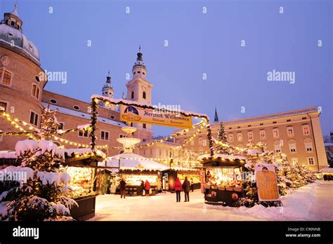 Christmas market at night with cathedral of Salzburg Christmas market Salzburg UNESCO World ...