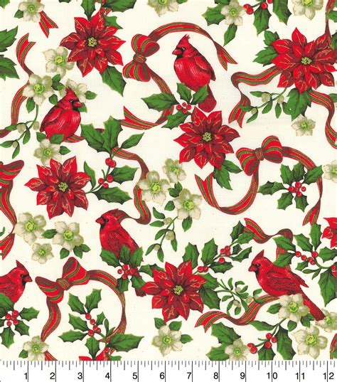 Cardinals & Poinsettia Glitter Christmas Cotton Fabric | JOANN | Christmas fabric, Poinsettia ...