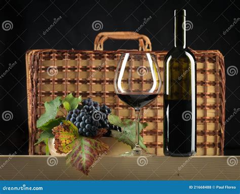 Red Wine Bottle, Glass, Grapes, Picnic Basket Stock Photo - Image of alcoholic, contrast: 21668488