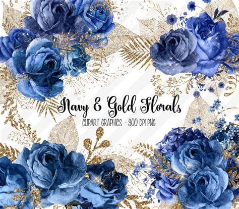 Navy and Gold Floral Clip Art, Digital Instant Download Painted Watercolor Flower Png ...