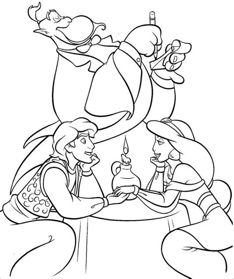 Aladdin, Jasmine and Genie Coloring Page - ColoringBay