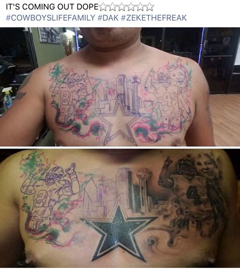 Cowboys fan tattoos Ezekiel Elliott and Dak Prescott on chest