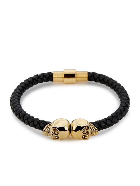 Black Leather Mens Bracelet, Mens Twin Skull Bracelet