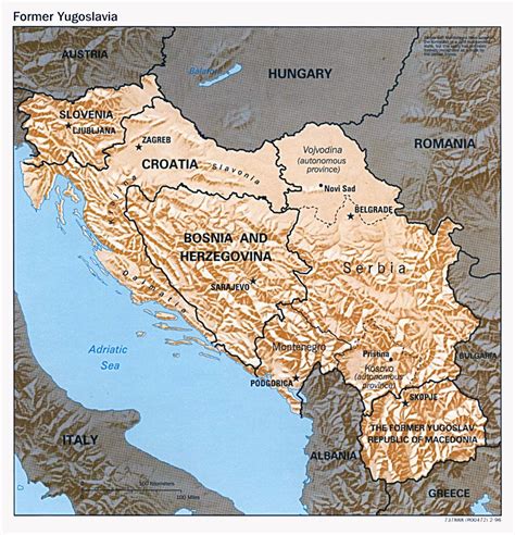 Political map of Yugoslavia with relief – 1996. Yugoslavia political ...