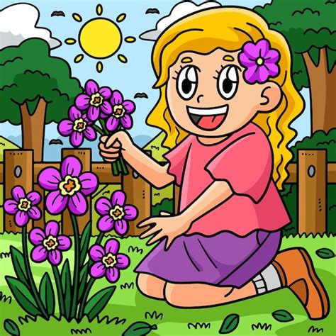 Chica primavera recogiendo flores ilustración coloreada | Vector Premium