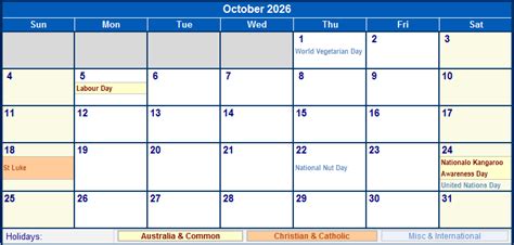 October 2026 Australia Calendar with Holidays for printing (image format)