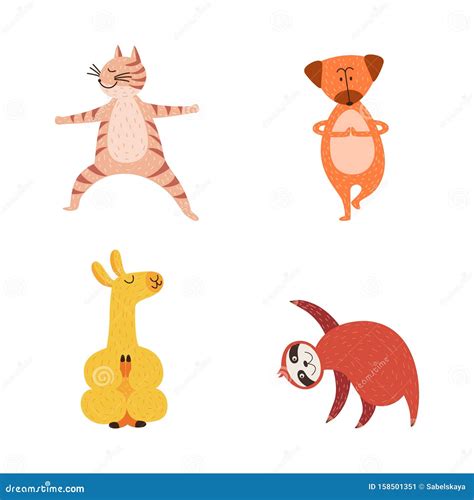 Cute Cartoon Animals in Yoga Poses - Hand Drawn Cat, Dog, Llama and ...