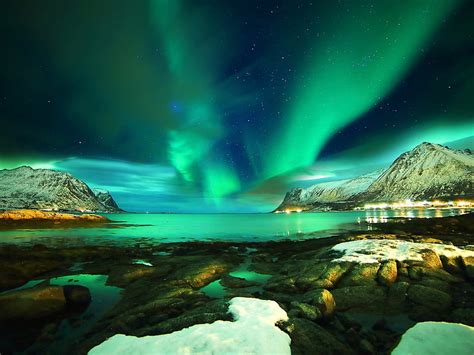 Aurora Borealis, rocks, stars, lofoten islands, snow, mountains, nature, night, HD wallpaper ...