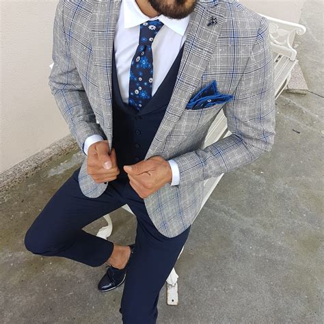 Buy Navy Blue Slim Fit Plaid Suit by Gentwith.com with Free Shipping