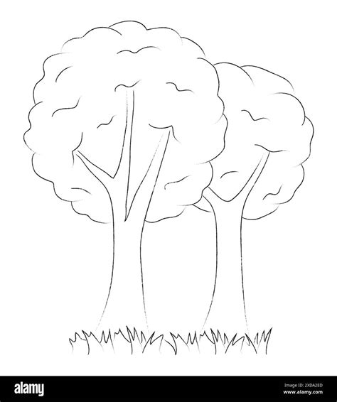 Trees, landscape in a linear style of children's drawing. Nature symbol ...