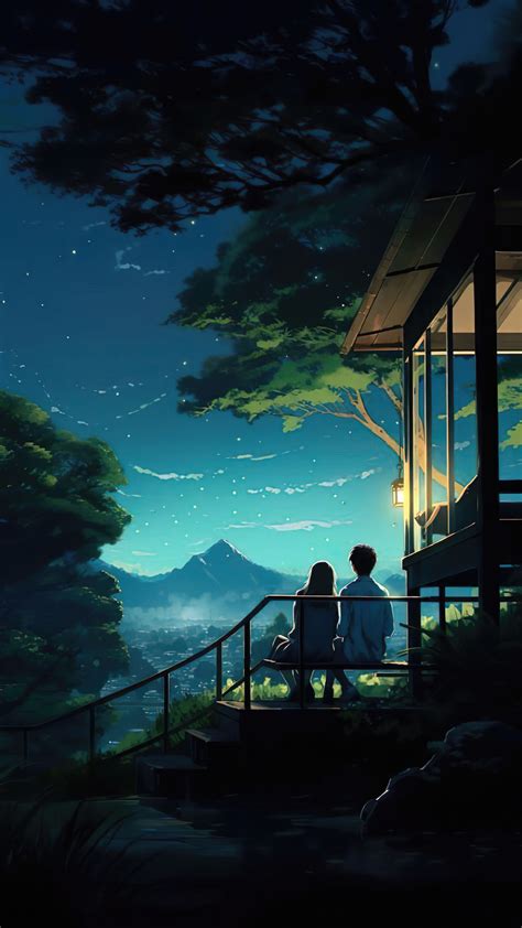 1440x2560 Anime Couple Sitting On Bench Looking At Landscape Samsung ...