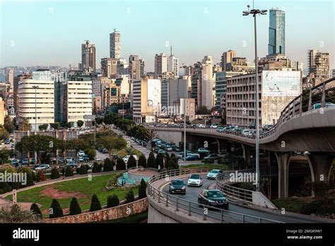 Beirut city skyline. Modern buildings, old buildings, military ...