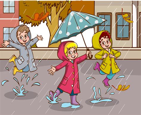 children dancing in the rain cartoon vector 19015939 Vector Art at Vecteezy