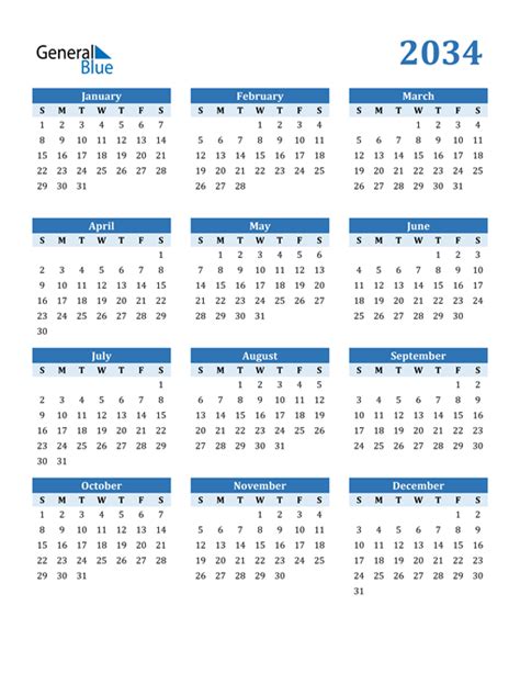 2034 Calendar (PDF, Word, Excel)