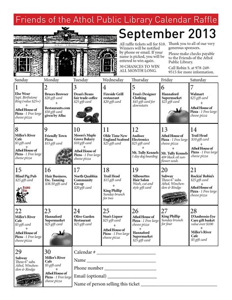 Raffle calendars for sale now! $10. Benefits the Friends of the Athol Public Library and you get ...