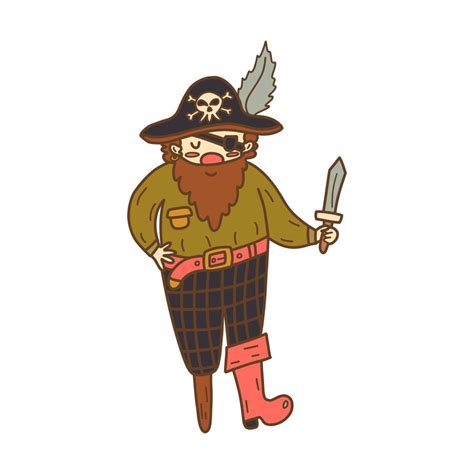 Happy pirate with dagger and hat. Vector hand drawn 16879752 Vector Art at Vecteezy