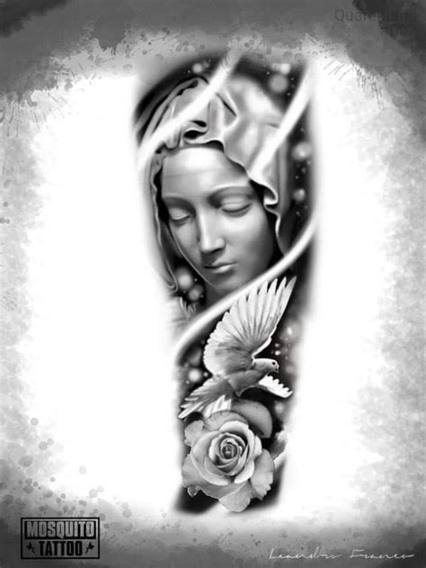 an artistic tattoo design with a woman's face and flowers on the upper half of her arm