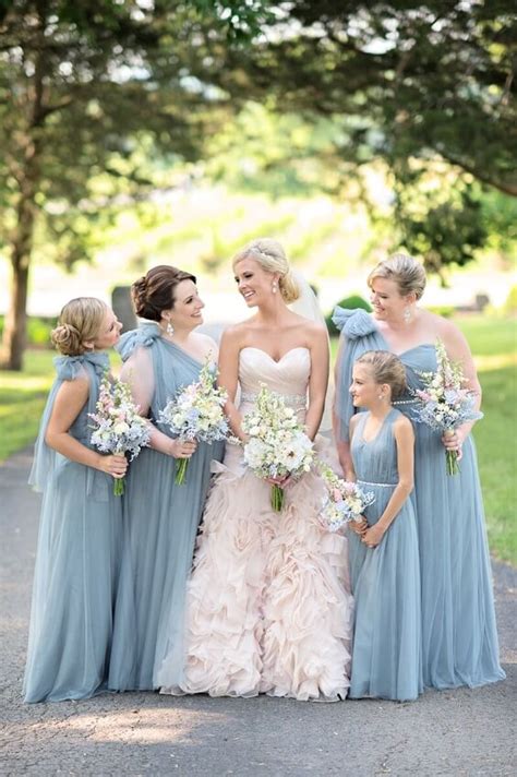 Blush and Dusty Blue Wedding : Blush Bride Gown, Dusty Blue Bridesmaid Dresses - ColorsBridesmaid