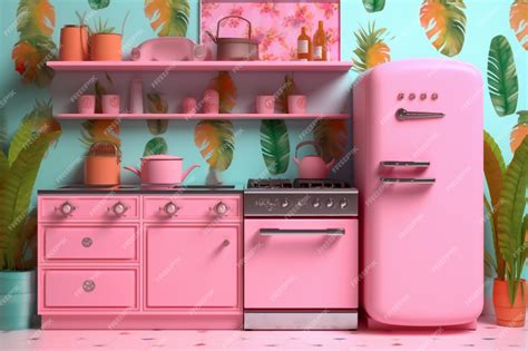 Premium AI Image | A pink kitchen with a pink fridge and a shelf with pots and pans.