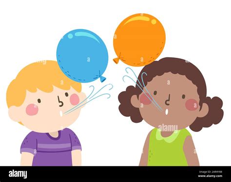 Illustration of Kids Blowing Air to Balloons to Keep Them Up in the Air Stock Photo - Alamy