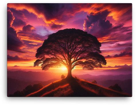 Sunset Embrace on the Hilltop Tree Canvas - Visual Funky