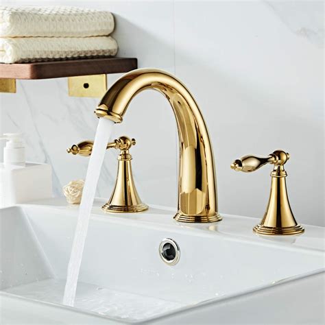 Best Gold Solid Brass Widespread Bathroom Faucet 3 Hole Two Handle Deck ...