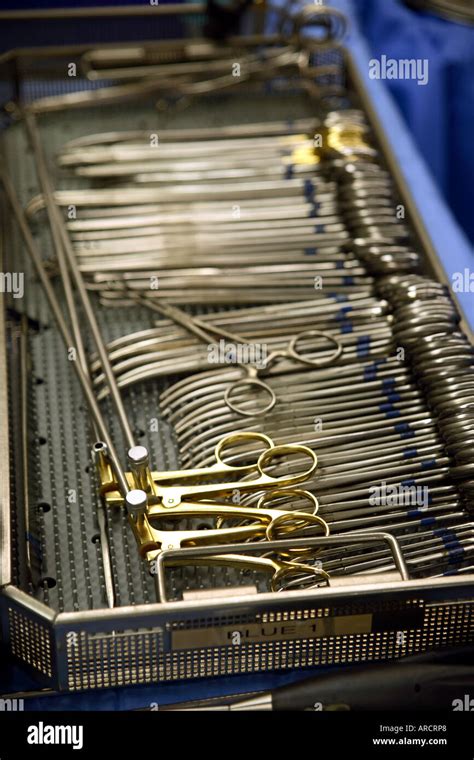 A tray of sterile surgical instruments Stock Photo: 9150887 - Alamy