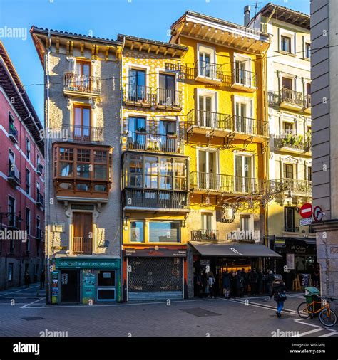 Colorful typical buildings in Pamplona old town. Pamplona, Navarre ...