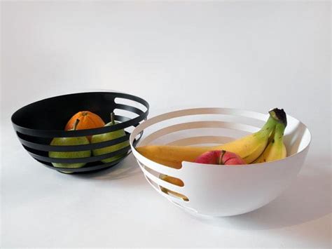 Set of 2, Modern Fruit Bowls, Black and White, ECLIPSE Steel Fruit Baskets, Horizontal Stacking ...