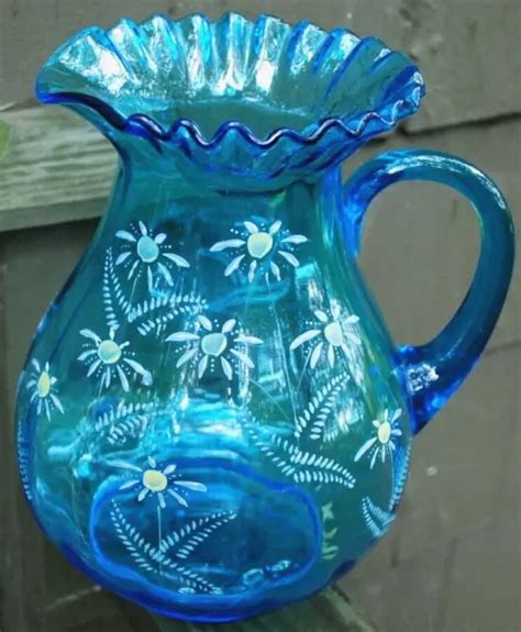 NORTHWOOD ANTIQUE VICTORIAN Glass PITCHER Aqua Blue ENAMELED DAISIES ...